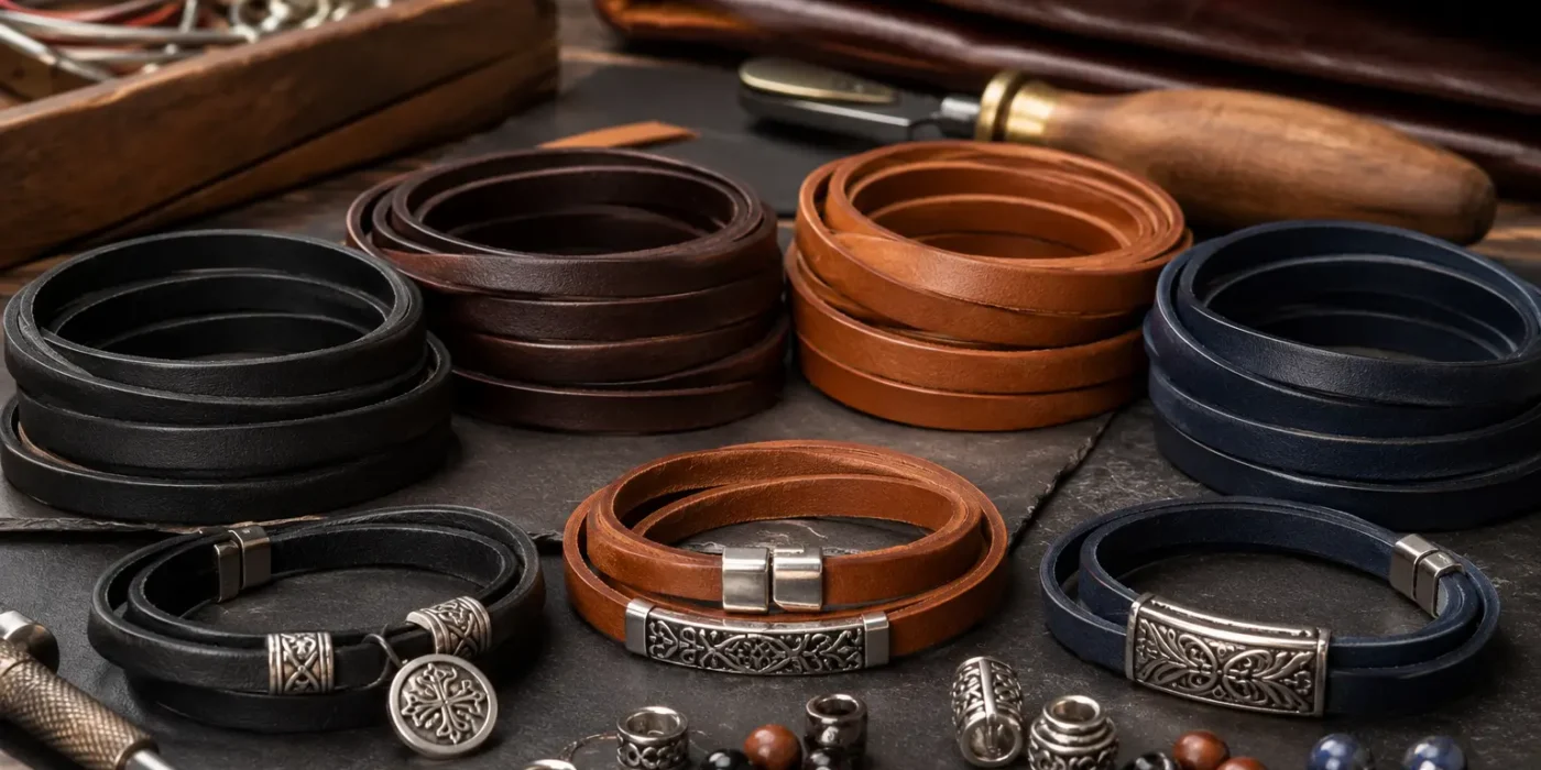 Flat leather cords with jewelry components and artisan tools