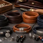 Flat leather cords with jewelry components and artisan tools