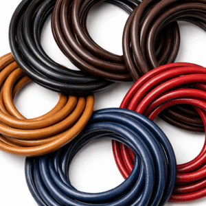 Coiled leather cords in multiple colors including black, brown, tan, red, and blue arranged in a circular pattern, showing smooth texture and flexible structure on a clean background.