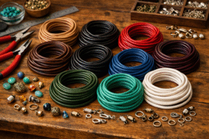 “Premium round leather cords in various natural and dyed colors arranged on a wooden craft table with jewelry making tools, beads, and metal clasps.”