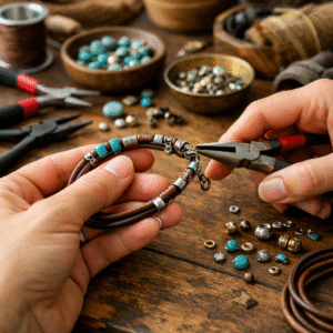 Close-up of a jewelry artisan crafting a bracelet using round leather cord, turquoise beads, and metal clasps with pliers on a wooden workspace.