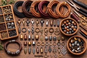 Leather jewelry making supplies including metal clasps.