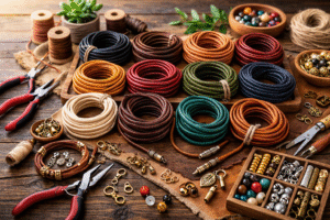 “Colorful round leather cords neatly coiled on a wooden table, surrounded by jewelry-making tools, beads, clasps, and organized craft supplies in a warm, natural lighting setup.”