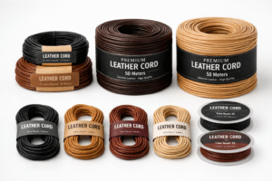 Neatly packaged round leather cords in labeled bundles and rolls, arranged on a clean white background for professional product display