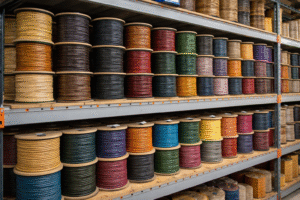 Large spools of round leather cords in multiple colors neatly arranged on industrial warehouse shelves, showcasing organized craft supply storage with high detail.