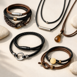 Stylish handmade leather cord bracelets and necklaces arranged on a minimal neutral background.