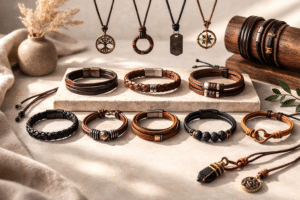 Stylish handmade leather cord bracelets and necklaces arranged on a minimal background with soft lighting, showcasing premium craftsmanship and modern jewelry design.