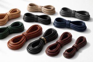 Premium leather cords in multiple colors and sizes neatly arranged on a clean minimal background with soft shadows.