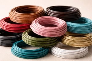 Close-up of neatly coiled round leather cords in multiple colors with smooth texture on a minimal background.