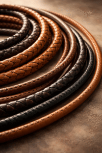 Braided and round stitched leather cords in various shades arranged in a circular pattern with detailed texture.