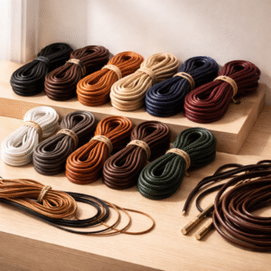 Premium leather cords in multiple colors and thicknesses neatly arranged on a wooden surface with soft natural lighting.
