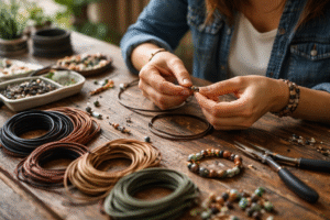 Person making handmade jewelry using Leather Cords in USA with tools on table in creative workspace