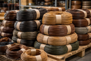 Leather Cords in USA bulk bundles stacked in warehouse with different colors and sizes