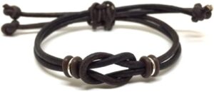 Brown leather cord bracelet with a knot design and adjustable closure.