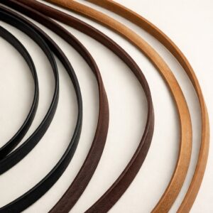 Flat leather cords in black, brown, and tan colors arranged in curved lines on a neutral background, showing detailed texture and minimal aesthetic.