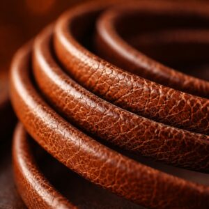 Macro close-up of genuine brown leather cord showing natural grain texture, fine cracks, and smooth curvature, with warm lighting and a softly blurred background.
