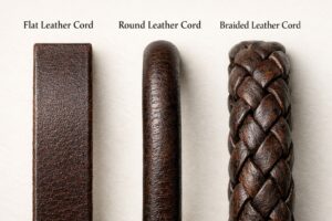 Comparison of three types of leather cords—flat, round, and braided—displayed side by side, showing differences in shape, structure, and surface texture on a neutral background