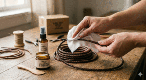 leather conditioner with a cloth to a braided leather cord on a wooden table, with leather care products and tools in the background.