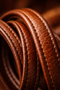 Macro close-up of brown leather cords showing natural grain texture, smooth finish, and premium quality craftsmanship