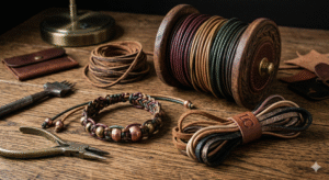 A high-quality, close-up shot of various leather cords, including braided, round, and flat styles in earth tones like mahogany, tan, and black, arranged on a rustic wooden workbench with leathercraft tools.