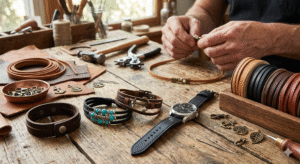 A high-angle, detailed shot of a rustic wooden workbench filled with leathercrafting materials. An artisan's hands are seen in the background working on a thin tan leather cord. In the foreground, several finished accessories are displayed, including a black leather watch, a layered bracelet with turquoise beads, and a brown leather cuff. A wooden organizer holds rolls of flat leather cords in various colors like black, tan, and mahogany, alongside metal charms and leather-working tools.