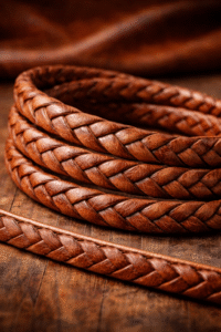 Braided leather cord close-up showing woven strands, natural grain texture, and premium craftsmanship in warm brown tones