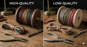 Side-by-side comparison of leather cords. Left: smooth, premium cord on a polished spool. Right: frayed, cracked, low-grade cord on a rough spool.