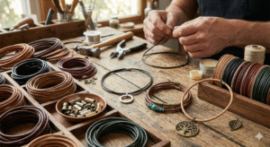 A close-up shot of a wooden artisan workbench featuring various round leather cords. In the foreground, coils of round leather in earthy tones like tan, forest green, and deep burgundy are organized in wooden compartments.