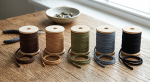 Premium leather cords in multiple colors (brown, tan, green, gray, and black) neatly wrapped on wooden spools displayed on a wooden table.