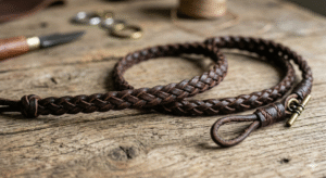 Braided leather cord on a wood table with tools.