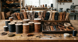 Assorted leather cords in various colors and styles neatly arranged on a wooden workbench in a workshop.