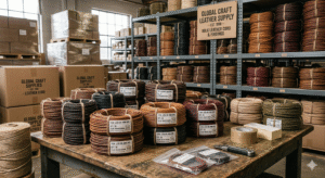 leather cords in various colors and sizes arranged on a wooden table in a warehouse, with labeled packaging, shelves, and boxes in the background.