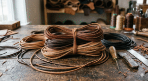 Bundles of leather cords rest on a rustic wooden workbench. Leather crafting tools and rolls are visible in the background, creating a professional workshop atmosphere.