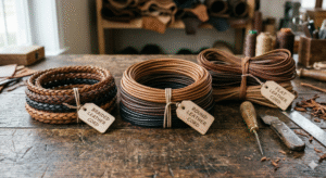 Three distinct styles of leather cords—braided, round, and flat—neatly arranged on a weathered wooden workbench.
