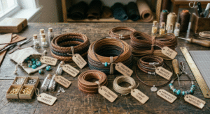 A workbench with different leather cords, colorful beads, and handmade jewelry like bracelets and necklaces.