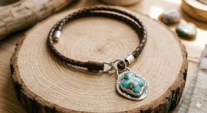  leather cord bracelet with a silver clasp and turquoise stone pendant placed on a wooden slice, with natural decorative elements in the background.