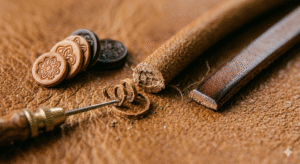 A macro close-up showing the detailed grain of high-quality brown leather, with a thick leather cord and crafting tools.