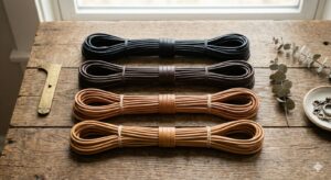 Neatly arranged bundles of leather cords in black, dark brown, tan, and light brown colors placed on a rustic wooden table with measuring tools and accessories nearby.