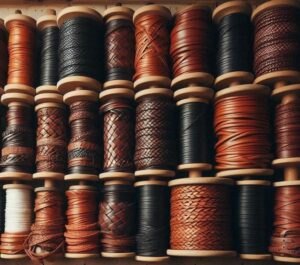 Spools of braided and flat leather cords in various colors and textures.