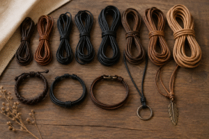 Flat lay of assorted leather cords in brown, black, and tan shades arranged on a wooden surface with handmade bracelets and necklaces under soft natural light.