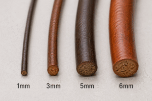 Close-up comparison of four leather cords labeled 1mm, 3mm, 5mm, and 6mm, arranged side by side on a neutral background, highlighting texture and thickness differences.