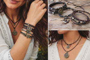 Model wearing layered leather cord bracelets and necklaces with metal charms, captured in warm natural outdoor lighting.
