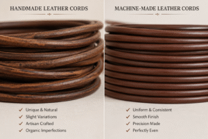 Side-by-side comparison of handmade leather cords with rustic texture and slight imperfections versus smooth, uniform machine-made leather cords on a neutral background.