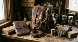 Vintage brown leather backpack, journal, and gloves with coiled cords on a rustic wooden workbench.