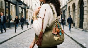 Close-up of a woman carrying an olive green leather shoulder bag adorned with a large brown braided leather tassel and an assortment of boho-style charms, set against a blurred European street backdrop.