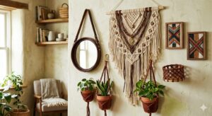 A textured, cream-colored wall styled with bohemian home décor featuring leather cord crafts. It showcases a round mirror with a leather strap, a macrame wall hanging with woven dark brown leather accents, and potted plants suspended by braided leather hangers.
