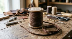 A wooden spool wound with dark brown flat leather cord sits on a rustic wooden workbench, surrounded by crafting tools like needles, scissors, and leather scraps.