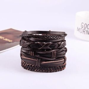 Black braided leather bracelet with layered handmade design.