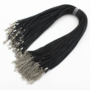 : Black leather necklace cords with silver clasps for jewelry making and pendants.