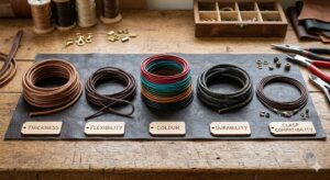 Five distinct leather cord coils on a workbench, each labeled with a wooden tag: "THICKNESS" (thick tan), "FLEXIBILITY" (braided brown), "COLOUR" (multi-colored stack), "DURABILITY" (distressed dark), and "CLASP COMPATIBILITY" (thin cord with a metal clasp). Crafting tools surround them.